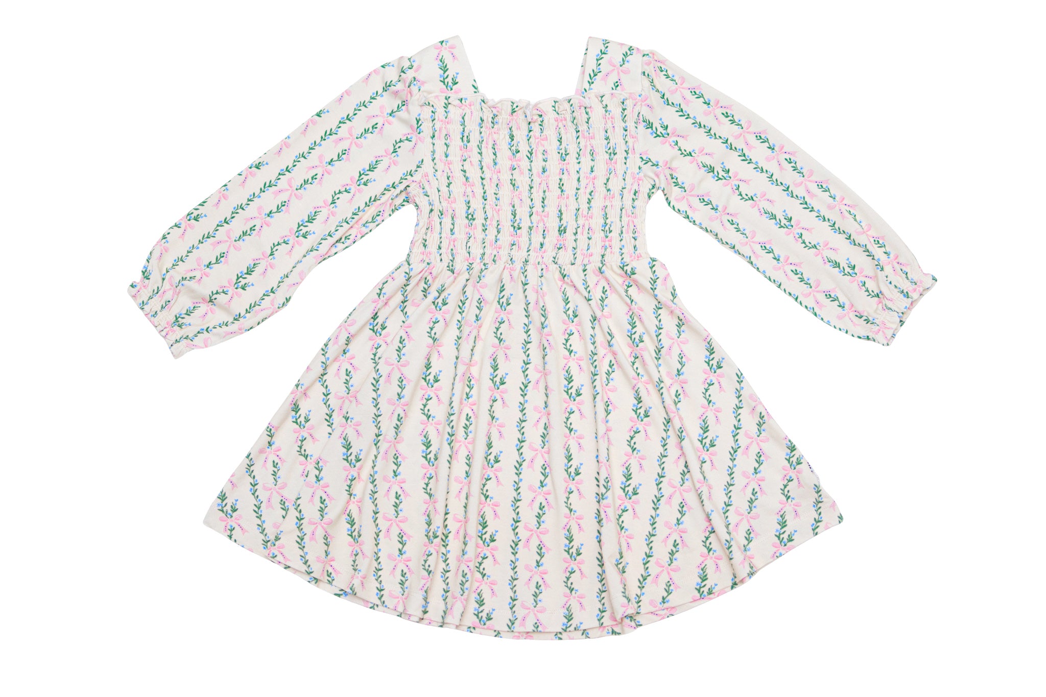 Bow and floral pink dress with green pattern on a white background