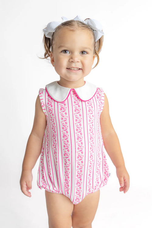 Child wearing a pink and white patterned dress with a white collar on a white background