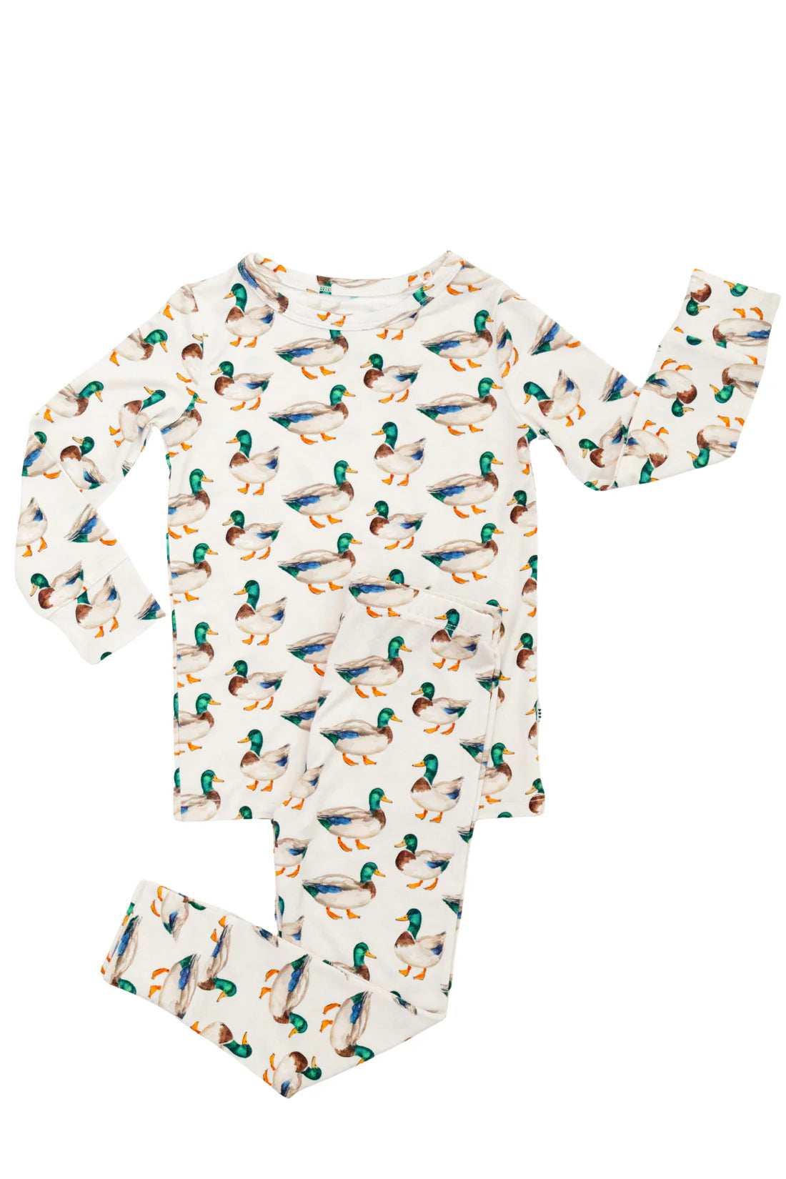 Long-sleeve bamboo pajamas with mallard duck pattern on a white background