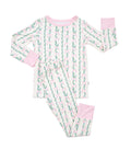 Children's bamboo pajama set with bows and floral pattern on a white background